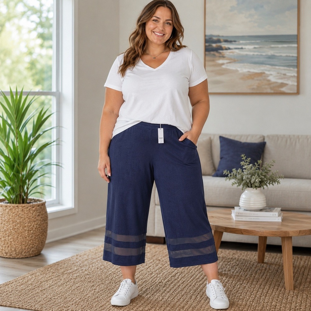 Chicos Travelers Navy Blue Mesh Hem Cropped Wide Leg Pants Size 4 XXL New